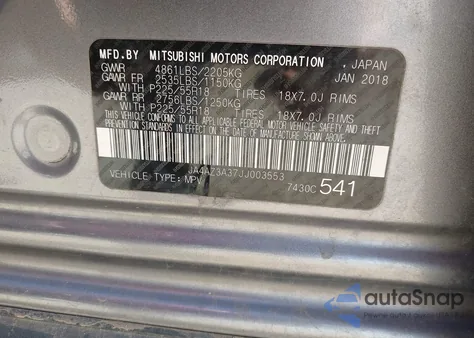 2018 Mitsubishi Outlander Se из США, поврежденный, VIN JA4AZ3A37JJ003553